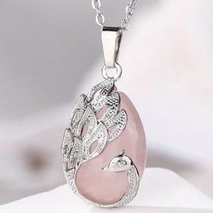 Peacock Rose Quartz Natural Stone Pendant Necklace Gemstone Pendant